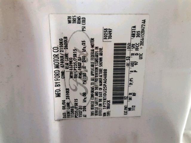 1FTYR10U25PA04888 - 2005 FORD RANGER WHITE photo 10