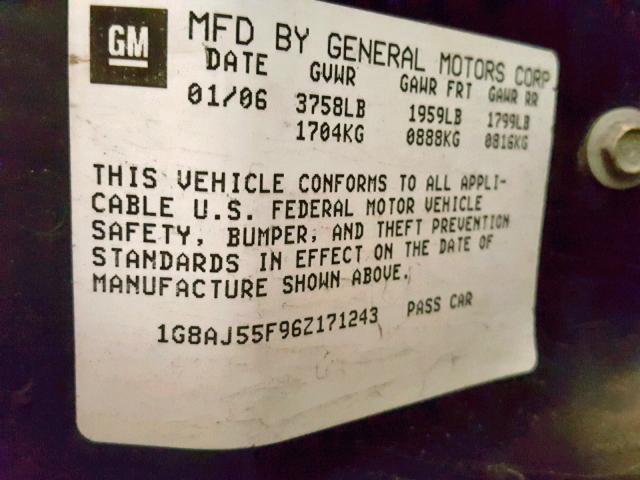 1G8AJ55F96Z171243 - 2006 SATURN ION LEVEL SILVER photo 10