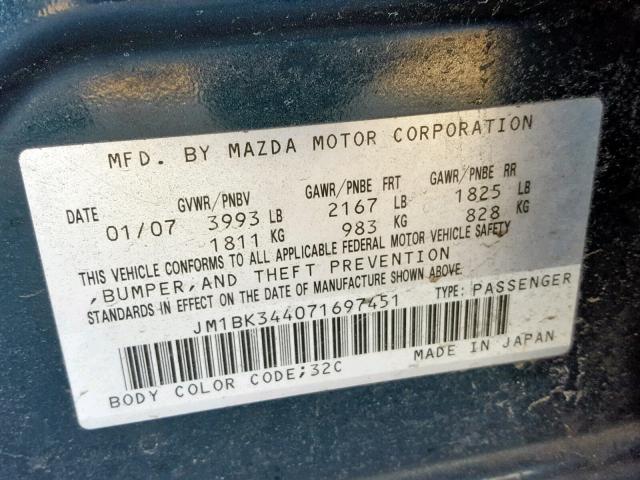 JM1BK344071697451 - 2007 MAZDA 3 HATCHBAC BLUE photo 10