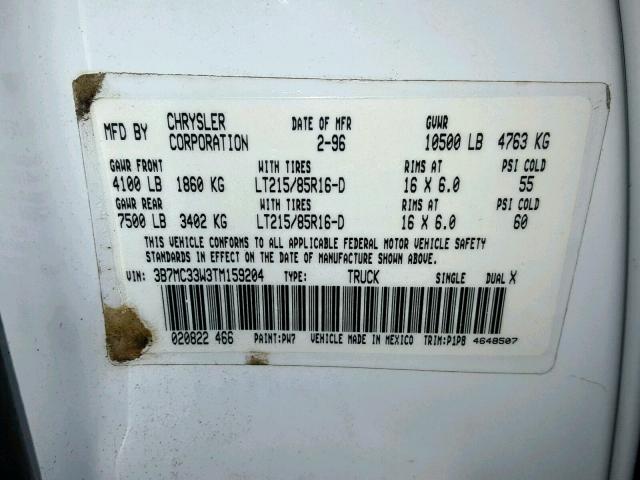 3B7MC33W3TM159204 - 1996 DODGE RAM 3500 WHITE photo 10