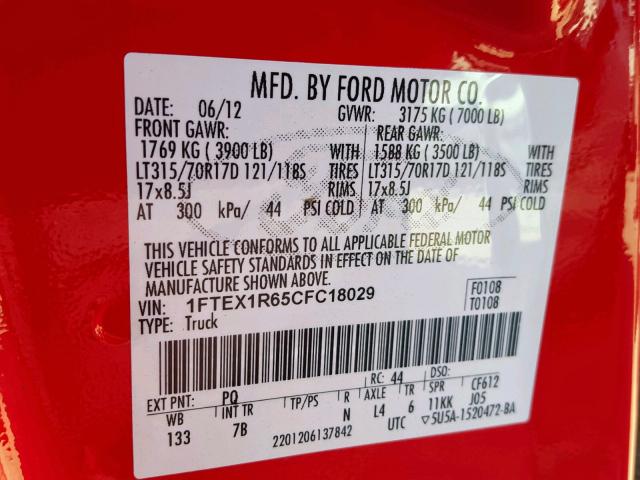1FTEX1R65CFC18029 - 2012 FORD F150 SVT R RED photo 10