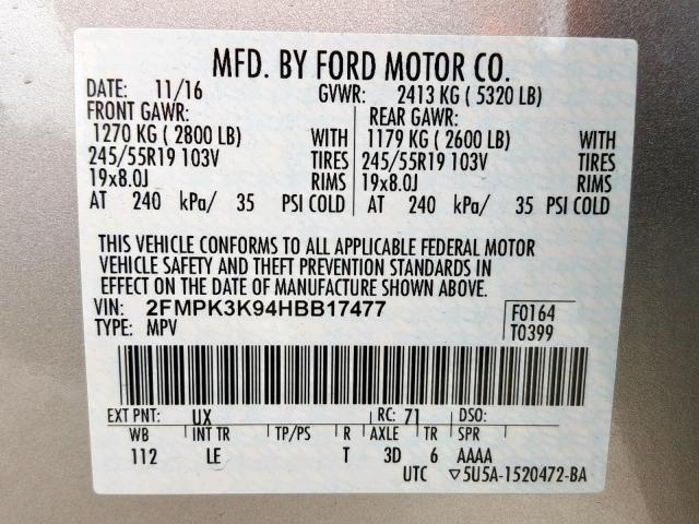 2FMPK3K94HBB17477 - 2017 FORD EDGE TITAN SILVER photo 10