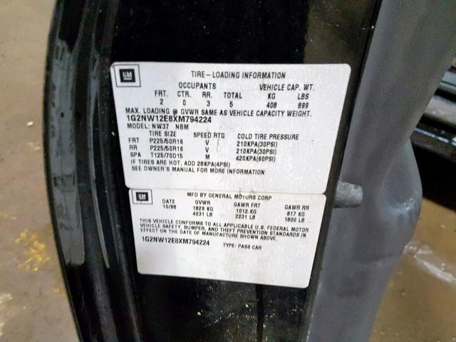 1G2NW12E8XM794224 - 1999 PONTIAC GRAND AM G BLACK photo 10