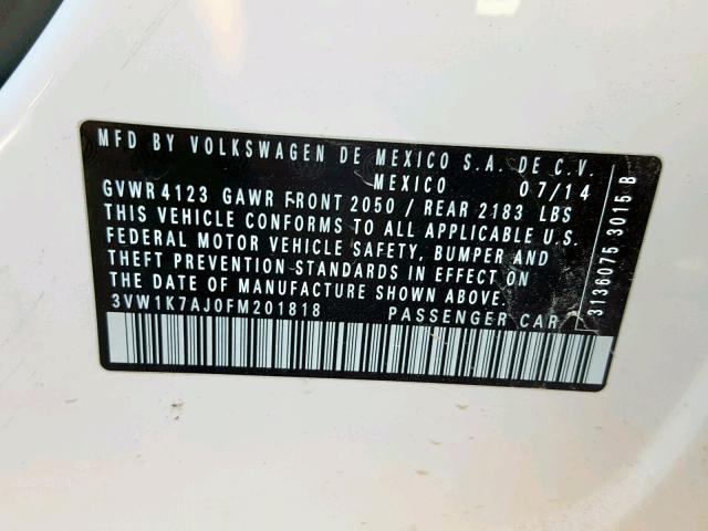 3VW1K7AJ0FM201818 - 2015 VOLKSWAGEN JETTA BASE Սպիտակ լուսանկար 10