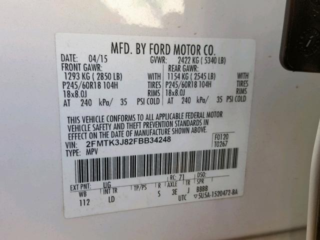 2FMTK3J82FBB34248 - 2015 FORD EDGE SEL WHITE photo 10