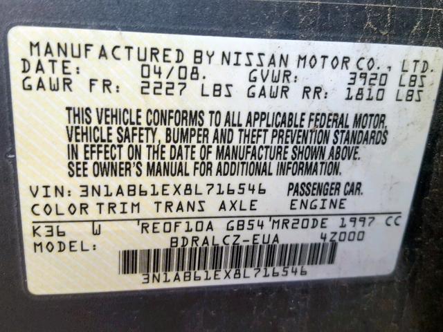 3N1AB61EX8L716546 - 2008 NISSAN SENTRA 2.0 SILVER photo 10