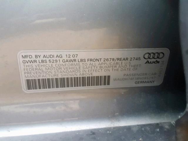 WAUDH74F38N085297 - 2008 AUDI A6 3.2 QUA SILVER photo 10