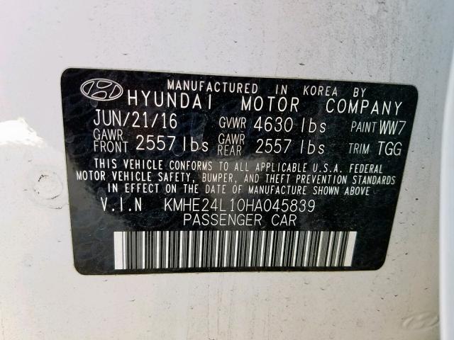 KMHE24L10HA045839 - 2017 HYUNDAI SONATA HYB WHITE photo 10