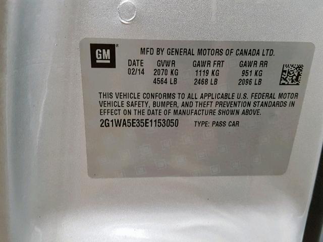 2G1WA5E35E1153050 - 2014 CHEVROLET IMPALA LIM SILVER photo 10