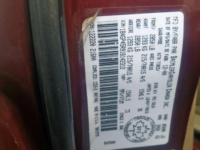 1B4GP45R91B142312 - 2001 DODGE CARAVAN SP MAROON photo 10