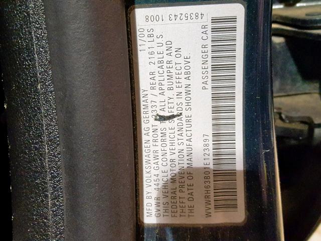 WVWRH63B01E123897 - 2001 VOLKSWAGEN PASSAT GLX 绿色 照片 10