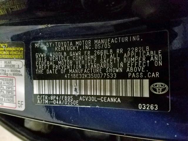 4T1BE32K35U077533 - 2005 TOYOTA CAMRY LE BLUE photo 10