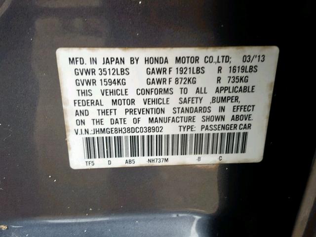 JHMGE8H38DC038902 - 2013 HONDA FIT GRAY photo 10