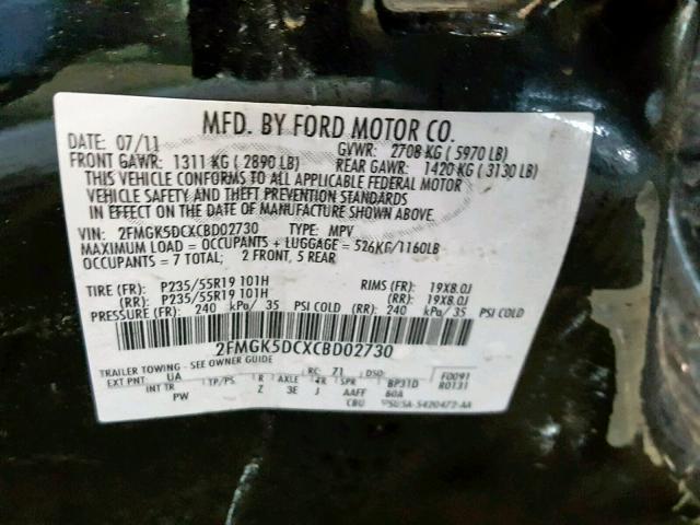 2FMGK5DCXCBD02730 - 2012 FORD FLEX LIMIT BLACK photo 10