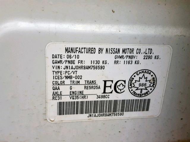 JN1AJ0HR9AM756590 - 2010 INFINITI EX35 BASE WHITE photo 10