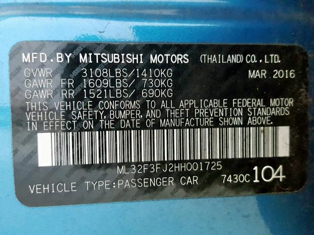 ML32F3FJ2HH001725 - 2017 MITSUBISHI MIRAGE G4 BLUE photo 10