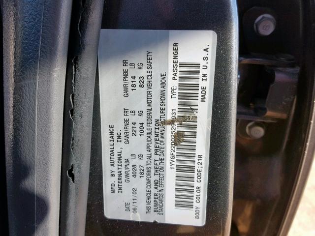 1YVGF22D025294931 - 2002 MAZDA 626 ES GRAY photo 10