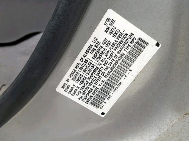 5FNRL38209B042690 - 2009 HONDA ODYSSEY LX SILVER photo 10