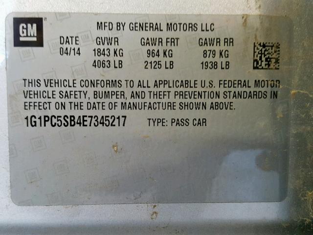 1G1PC5SB4E7345217 - 2014 CHEVROLET CRUZE LT SILVER photo 10