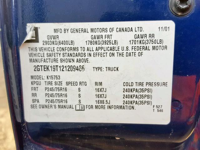 2GTEK19T121209466 - 2002 GMC NEW SIERRA BLUE photo 10