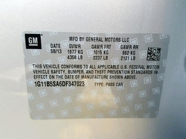 1G11B5SA6DF347023 - 2013 CHEVROLET MALIBU LS Күміс фото 10