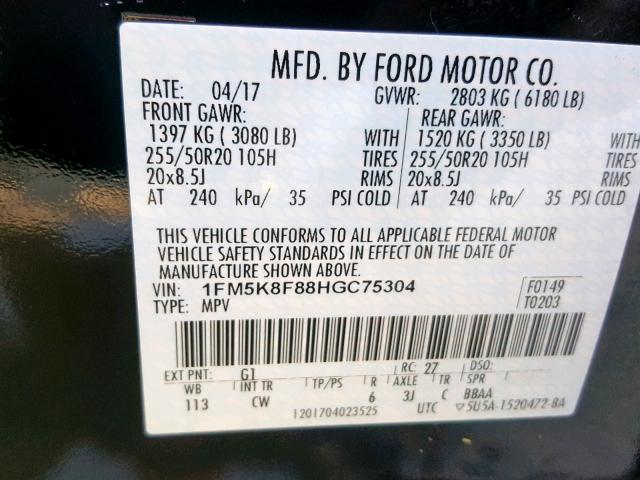 1FM5K8F88HGC75304 - 2017 FORD EXPLORER L BLACK photo 10