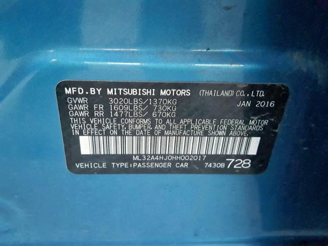 ML32A4HJ0HH002017 - 2017 MITSUBISHI MIRAGE SE BLUE photo 10