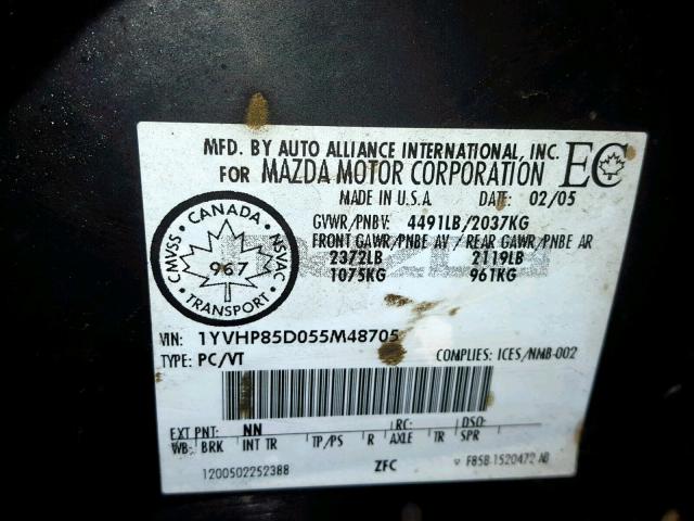 1YVHP85D055M48705 - 2005 MAZDA 6 S BLACK photo 10