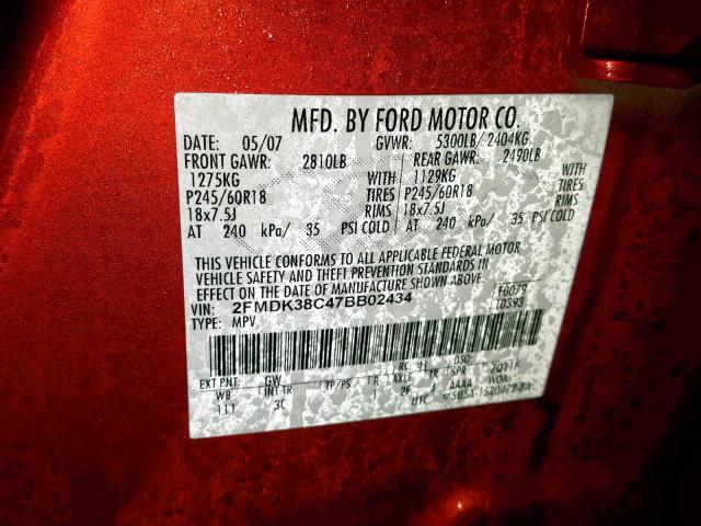 2FMDK38C47BB02434 - 2007 FORD EDGE SEL ORANGE photo 10