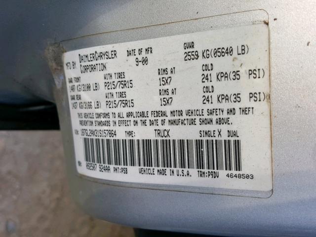 1B7GL2AX31S157864 - 2001 DODGE DAKOTA QUA SILVER photo 10