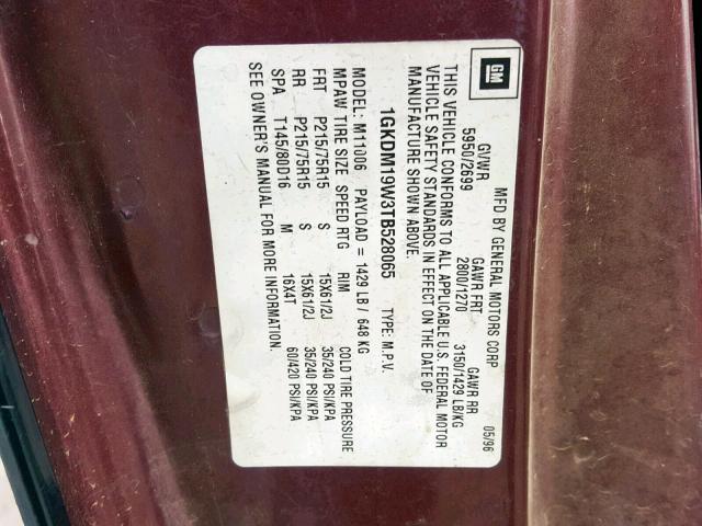 1GKDM19W3TB528065 - 1996 GMC SAFARI XT TWO TONE photo 10