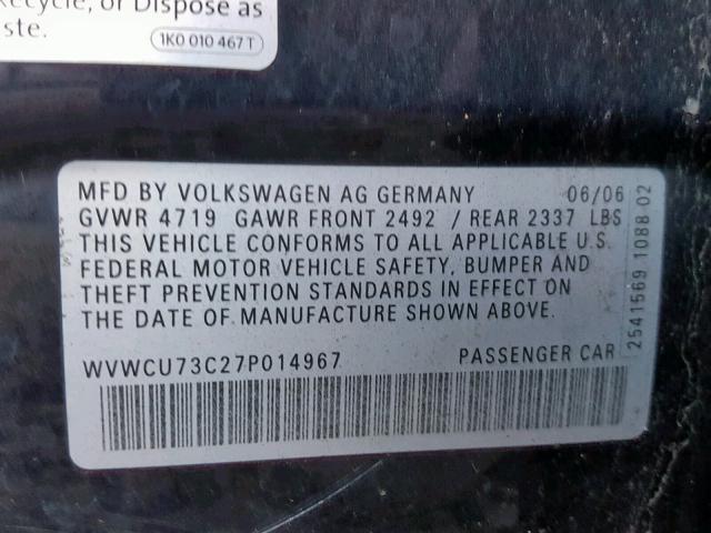 WVWCU73C27P014967 - 2007 VOLKSWAGEN PASSAT 3.6 BLACK photo 10