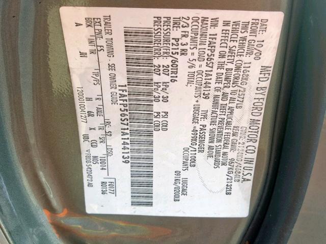 1FAFP56S71A144139 - 2001 FORD TAURUS SEL GRAY photo 10