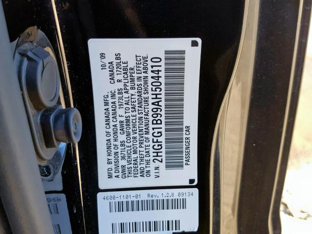 2HGFG1B99AH504410 - 2010 HONDA CIVIC EXL BLACK photo 10