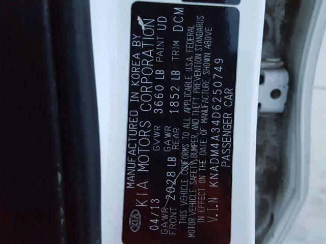 KNADM4A34D6250749 - 2013 KIA RIO LX WHITE photo 10