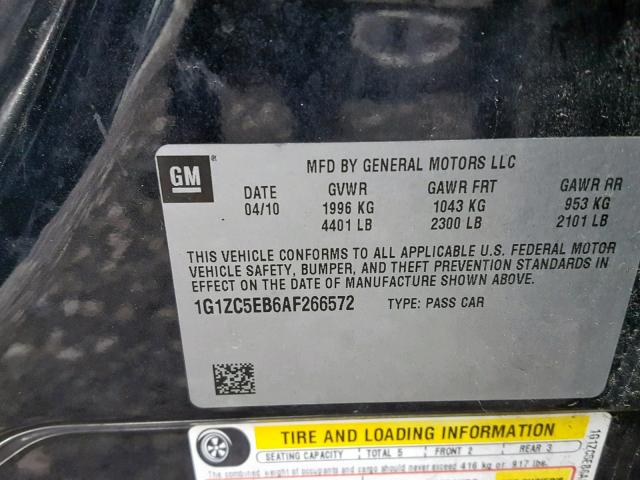 1G1ZC5EB6AF266572 - 2010 CHEVROLET MALIBU 1LT შავი ფოტო 10