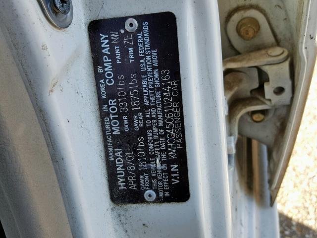 KMHCG45C61U244163 - 2001 HYUNDAI ACCENT GL WHITE photo 10