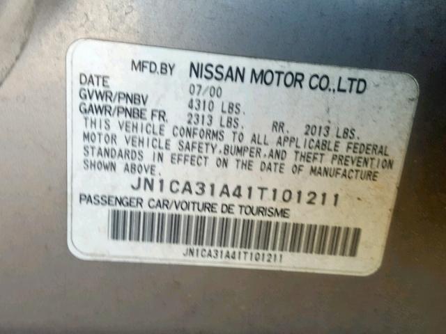 JN1CA31A41T101211 - 2001 NISSAN MAXIMA GXE GRAY photo 10