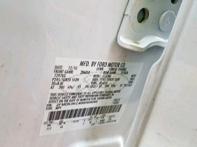 2FMDK3KC4BBA69095 - 2011 FORD EDGE LIMIT WHITE photo 10