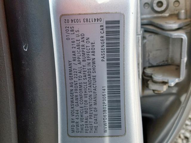 WVWPD63B02P305141 - 2002 VOLKSWAGEN PASSAT GLS SILVER photo 10