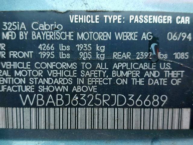 WBABJ6325RJD36689 - 1994 BMW 325 IC AUT GREEN photo 10