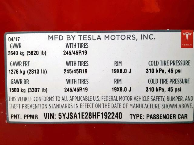 5YJSA1E28HF192240 - 2017 TESLA MODEL S RED photo 10