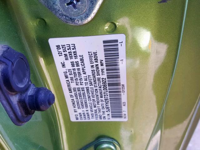 5J6YH28737L006922 - 2007 HONDA ELEMENT EX GREEN photo 10