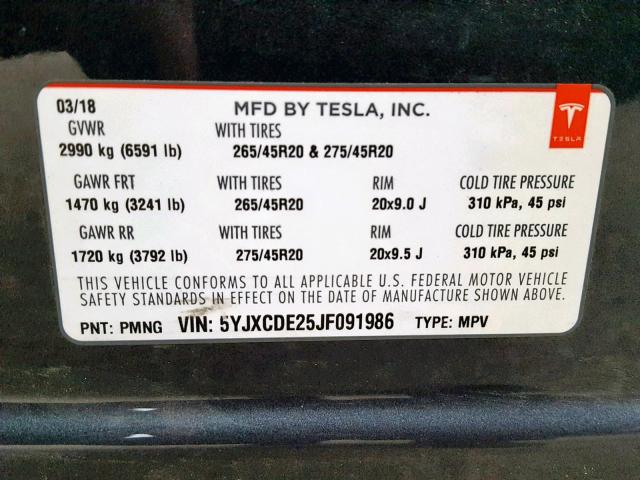 5YJXCDE25JF091986 - 2018 TESLA MODEL X CHARCOAL photo 10