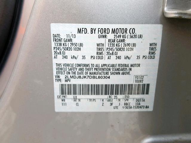 2LMDJ8JK7DBL60304 - 2013 LINCOLN MKX SILVER photo 10