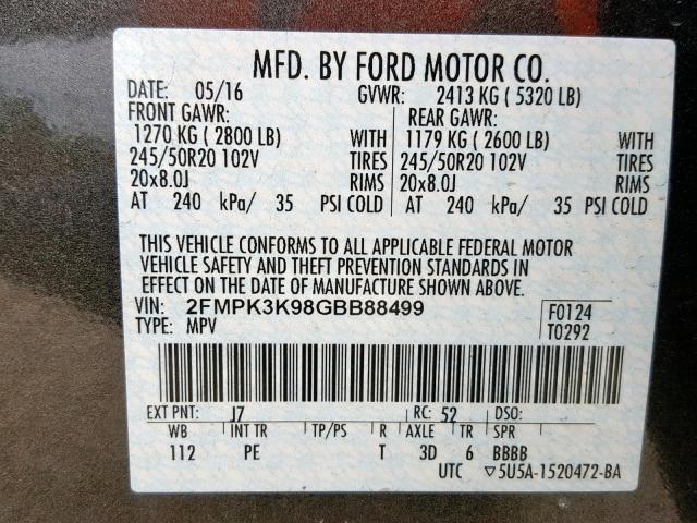 2FMPK3K98GBB88499 - 2016 FORD EDGE TITAN GRAY photo 10