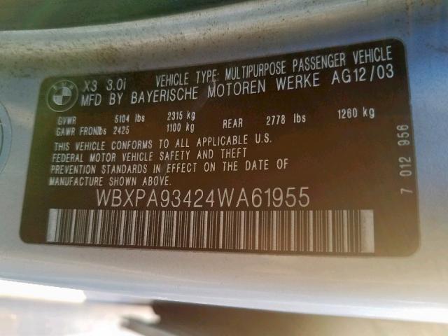 WBXPA93424WA61955 - 2004 BMW X3 3.0I SILVER photo 10