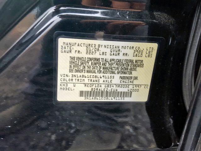 3N1AB61E08L691155 - 2008 NISSAN SENTRA 2.0 BLACK photo 10