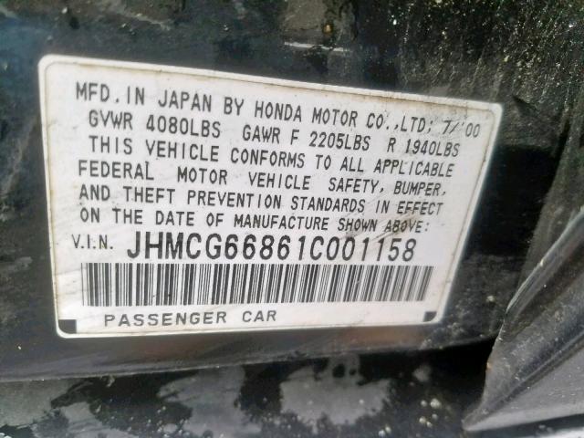 JHMCG66861C001158 - 2001 HONDA ACCORD EX BLACK photo 10