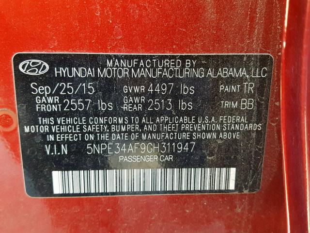 5NPE34AF9GH311947 - 2016 HYUNDAI SONATA SPO RED photo 10